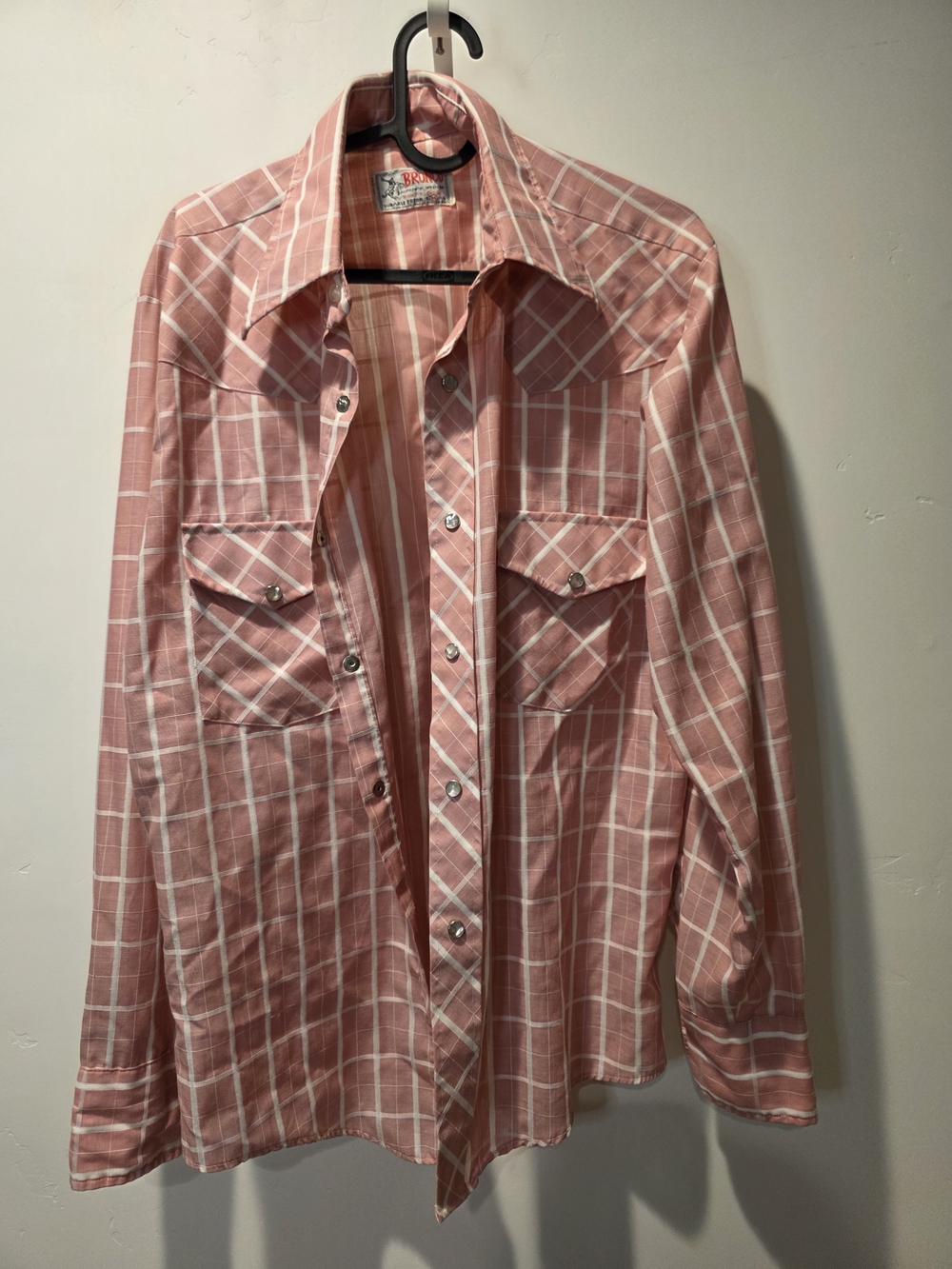 Vintage Bronco Authentic Western Shirt Pink Plaid Pearl Snap M 1960s 70s Cowboy